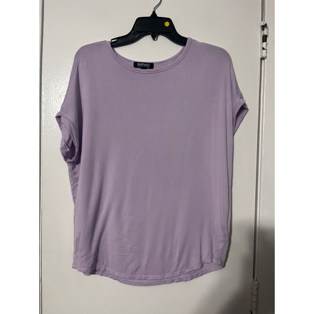 Buffalo David Bitton Womens Lavender Purple Crew Neck Cuffed Sleeve Tee Shirt S